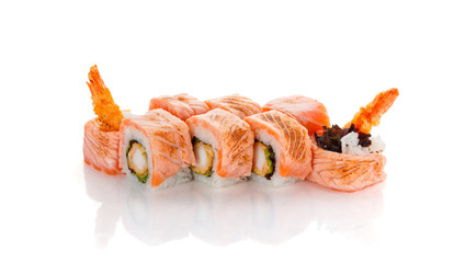 Sushi roll with fried salmon and shrimp  isolated on white backgroind