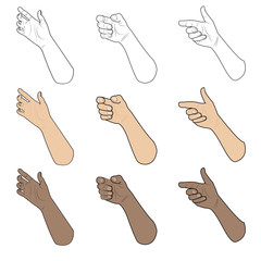 Realistic holding hand collection: set of caucasian and afro different hands grasping something, useful for signs, signage, operating instructions. Vector image, isolated on white background.