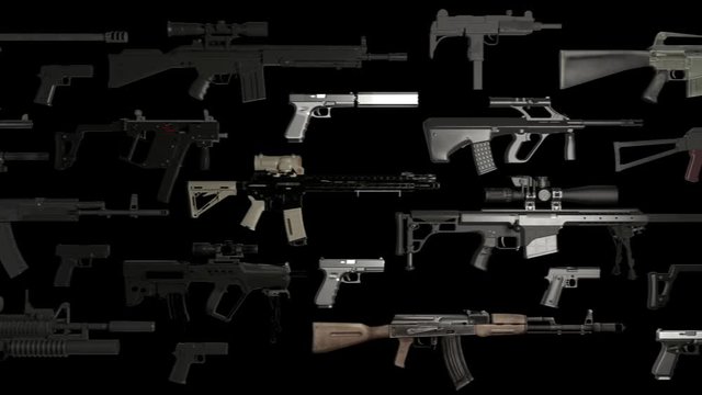 weapons rifles machine guns pistols on black animation loop
