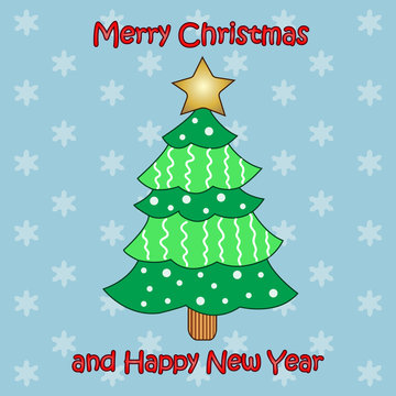 Vector colorful Christmas tree on blue background. Design elements for holiday cards.