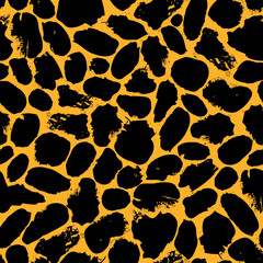 Black on orange leopard, cheetah vector seamless pattern. Seamless pattern of black leopart, cheetah spots and on yellow fir background