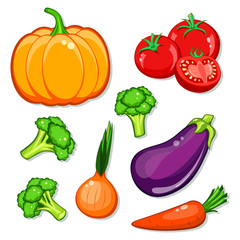 vegetables vector set. Patch, sticker isolated on white background. Cute Pumpkin, carrot, onion, eggplant, broccoli, tomatoes. Vegan healthy eating, vegetarian organic food, diet. Comics cartoon style