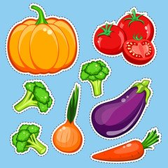 vegetables vector set. Patch, sticker isolated on blue background. Cute Pumpkin, carrot, onion, eggplant, broccoli, tomatoes. Comics cartoon style. Vegan healthy eating, vegetarian organic food, diet