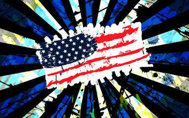 Bright Illustration of an American flag. Grunge style. Horizontal Template for design poster, banner.  EPS file is layered.