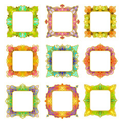 Set of 9 delicate square frames with place for your text or picture for your design. Colorful rectangle borders in stained-glass style