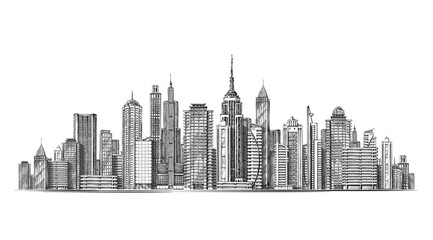 City. Architectural modern buildings in panoramic view. Sketch vector illustration