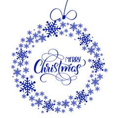 beautiful round background from blue snowflakes and text Merry Christmas. Lettering calligraphy