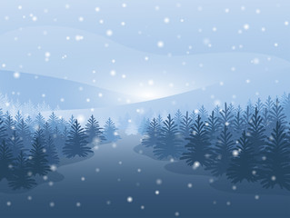 winter forest in evening. snowfall in the air. spruces on the mountain. design