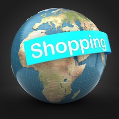3d illustration of Earth globe over black background  with shopping text on light blue banner