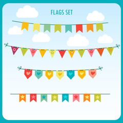 Garlands Of Festive Flags Isolated Against The Bright Sky. Vector Holiday Clip Art. Festive House Flags. Holiday Flags. Holiday Flags For Outdoors. Set Of Holiday Flags.