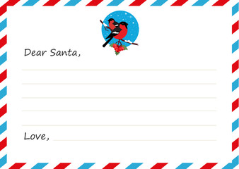 Template envelope New year's letter to Santa Claus. Icon bullfinches. Vector illustration. Flat design.