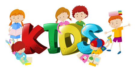 Word design with boys and girls in background