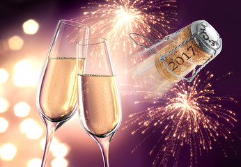 Champagnergläser mit Korken und Feuerwerk