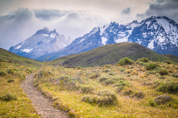 Fototapeta na wymiar Path to the mountains, Torres del Paine, Chile