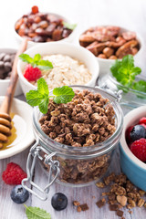 Homemade chocolate granola ingredients, nuts, oats, honey and berries on white wooden background. Healthy brakfast concept.