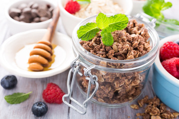 Homemade chocolate granola ingredients, nuts, oats, honey and berries on white wooden background. Healthy brakfast concept.