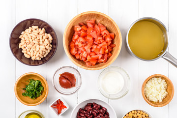 Chili Bean Stew Food Ingredients Top View On White Wood Table
