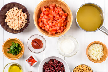 Chili Bean Stew Food Ingredients Top View On White Wood Table