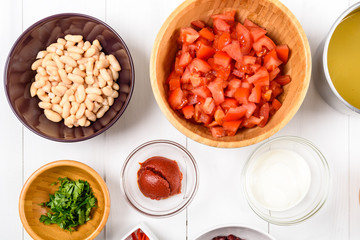 Chili Bean Stew Food Ingredients Top View On White Wood Table