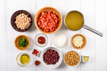 Chili Bean Stew Food Ingredients Top View On White Wood Table
