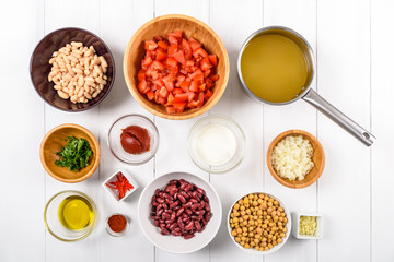 Chili Bean Stew Food Ingredients Top View On White Wood Table