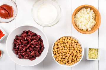 Chili Bean Stew Food Ingredients Top View On White Wood Table