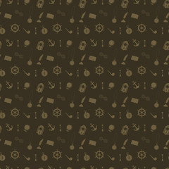 Seamless pattern with icons of things working cabinet on a dark brown background - obrazy, fototapety, plakaty