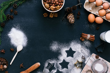Top view composition of baking ingredients for Chrostmas cookies