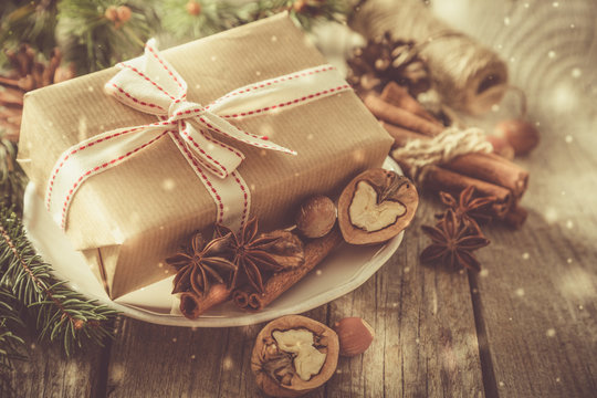 Christmas preasent nuts cinnamon ribbon
