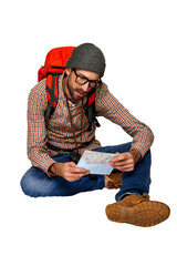 Explorer man browsing map over white background.