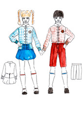 illustration little schoolboy and schoolgirl sketch design uniforms with technical drawing