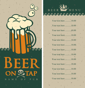 beer menu with picture glass and price in pirate style
