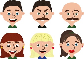 Cartoon faces set: three woman and three man heads