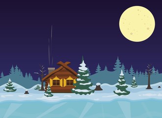 Fototapeta premium Cartoon of the night forest landscape with wooden cabin.
