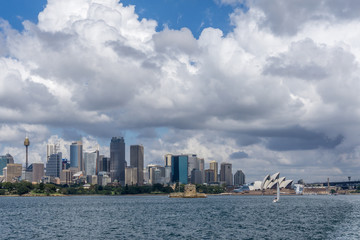 Fototapeta na wymiar Beautiful panoramic view of Sydney city skyline from the sea