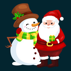 Merry Christmas and Happy New Year!Friends Santa Claus in hat and snowman in scarf celebrate xmas