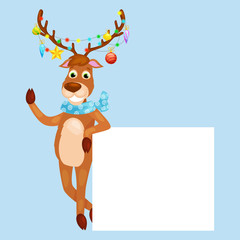 christmas deer with banner isolated, happy winter xmas holiday animal greeting card, santa helper reindeer vector illustration