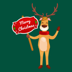 christmas deer with banner isolated, happy winter xmas holiday animal greeting card, santa helper reindeer vector illustration