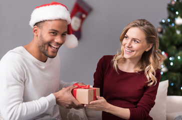 Happy charming woman giving a present