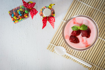 strawberry yogurt with strawberry  on wooden. strawberry yoghurt