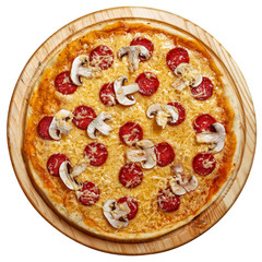 Pizza on light wooden background top view. Isolated