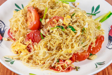 close up fried stir cucumber with egg and vegetable