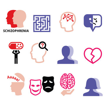Schizophrenia, mental health, psychology vector icons set  