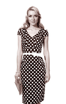 Black And White Photo Woman In Polka Dot Dress