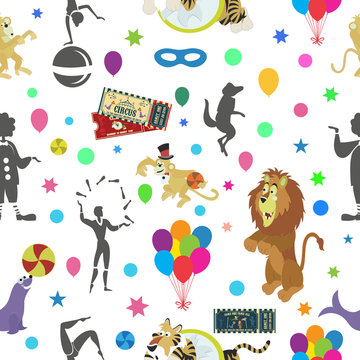 Wonderful vector seamless pattern of circus and funny animals.