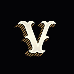 V letter logo in vintage western style with lines shadow.
