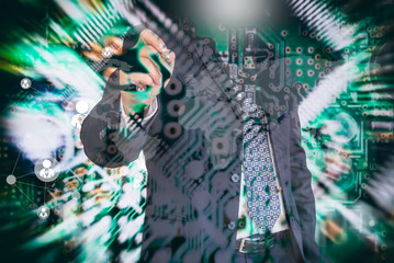 Digital business revolution concept. Double exposure of business man pointing  and abstract digital circuit background.