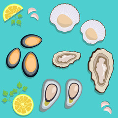 Sea food clam set, clam, oyster, scallops and mussel.