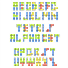 Tetris retro font. Constructive colorful alphabet