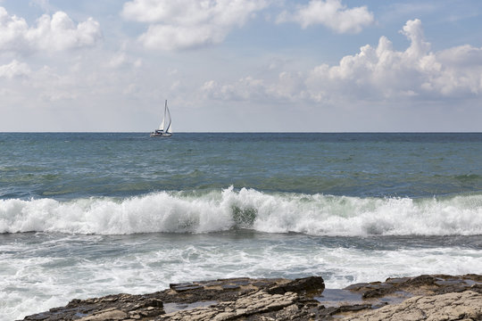 Seascape with sailing yacht in Istria, Croatia.